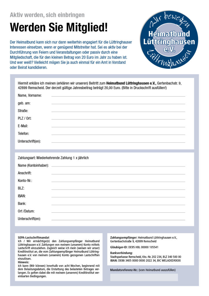 Die Beitrittserklärung für den Heimatbund Lüttringhausen herunterladen.